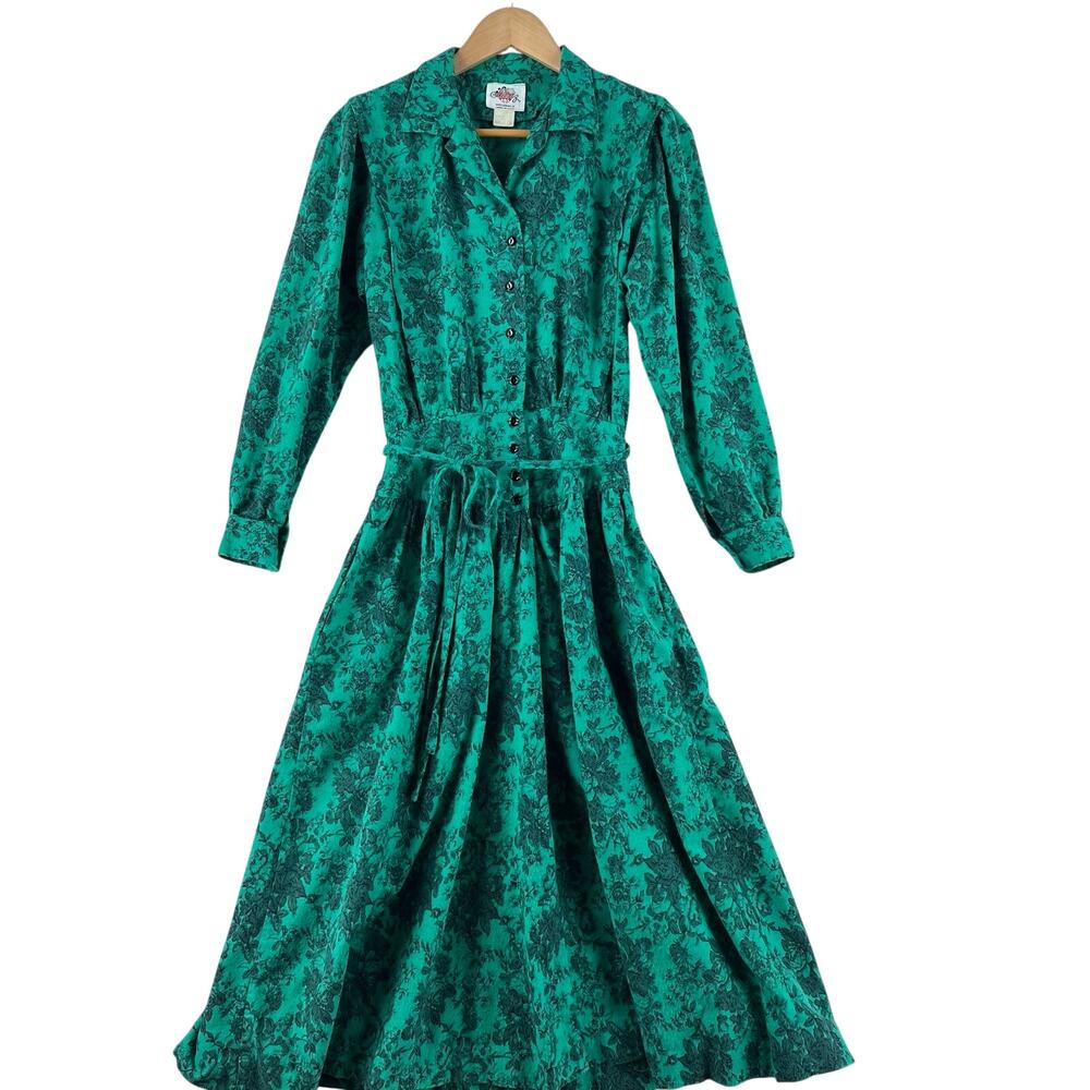 Vintage 80s Lanz Originals Style 112 Womens SZ 6 Teal Black Floral Shirt Dress